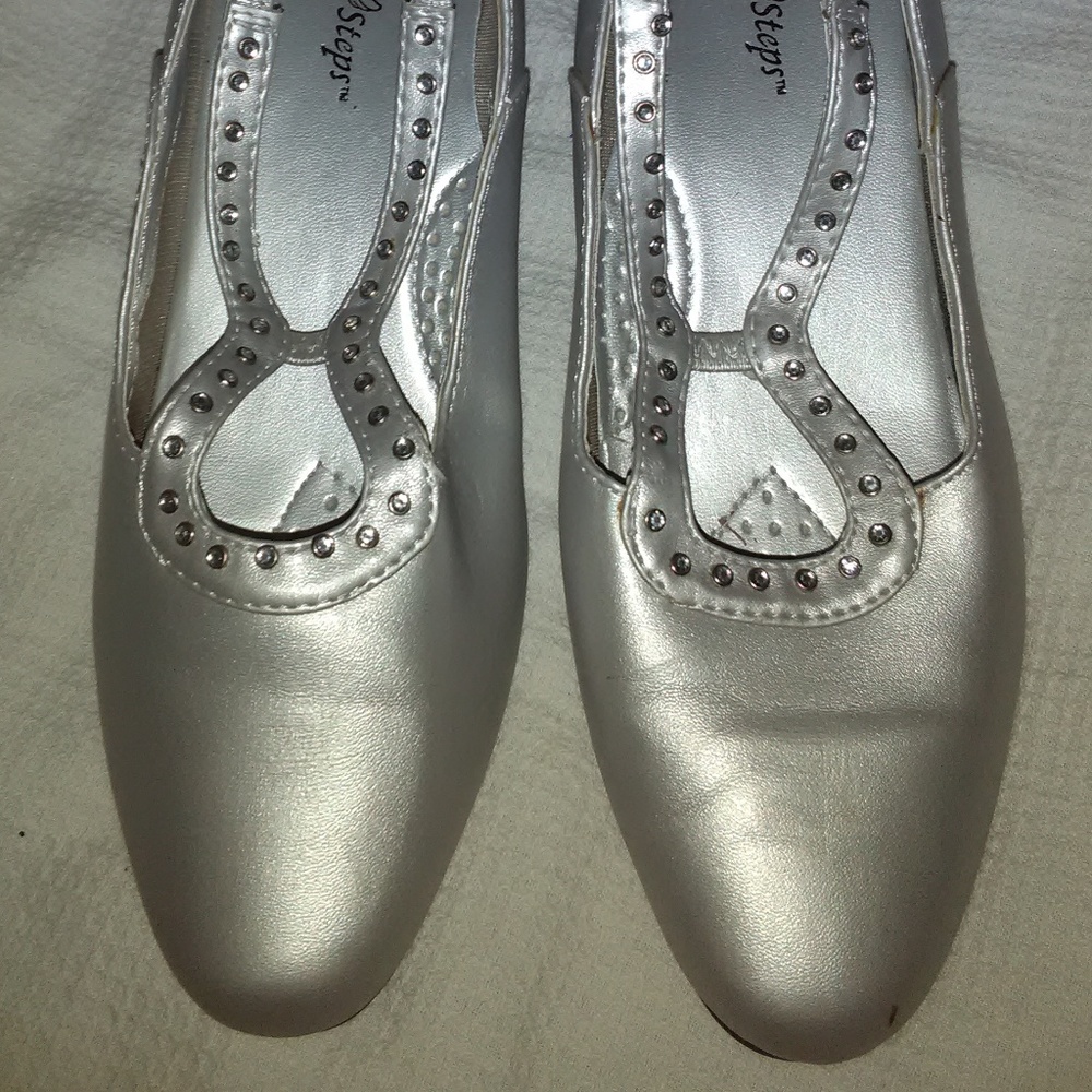 low healed dress shoes, silver with rhinestones